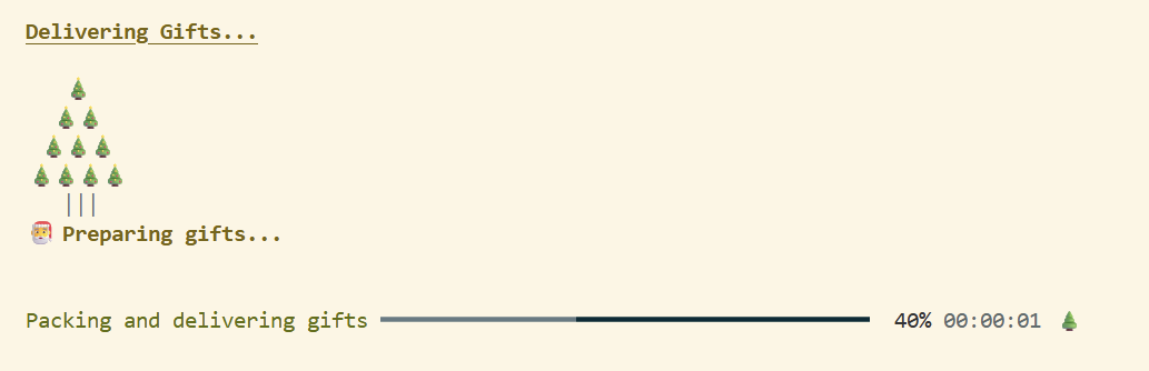 Terminal progress bar showing 40% done in packing gifts