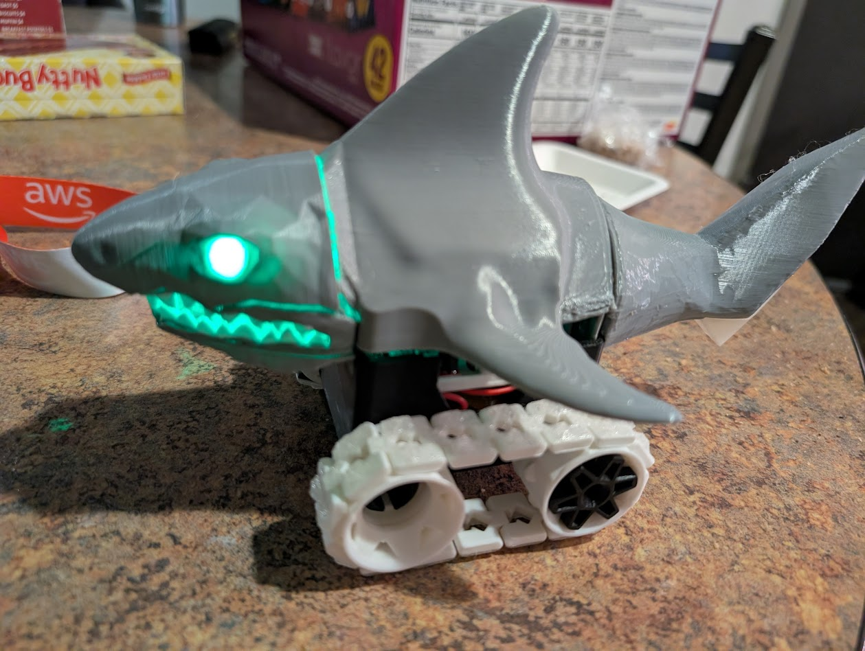 3D printed shark robot with LED eyes
