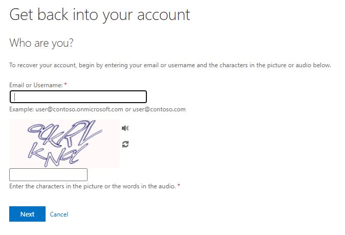 "Get back into your account" screen with a textbox for the "email or username" as well as an awful captcha that has an audio option and a refresh option. The letters look like they were rendered by a drunken AI generator.