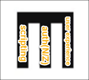 Tumbling E facing downwards with the labels of "scripting", "auth(N/Z)", and "user experience" on its legs