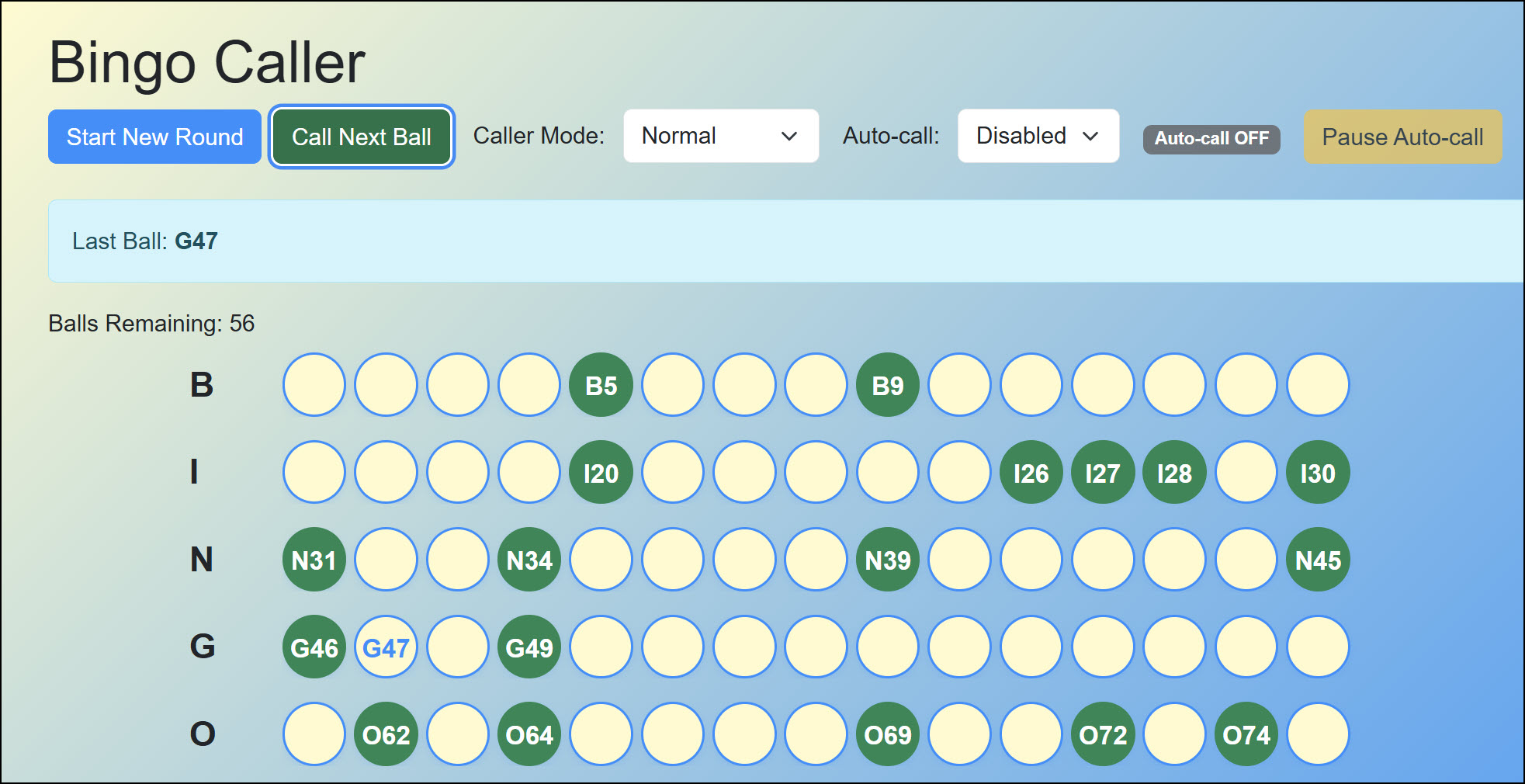 Bingo Caller Blazor app in Lemon Chiffon, Dodger Vlue, and green