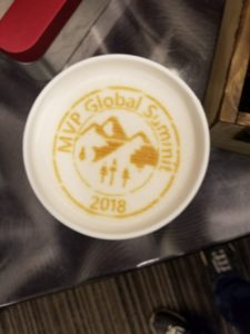 Thanks a latte! The chai latte with the MVP Global Summit 2018 logo in the foam