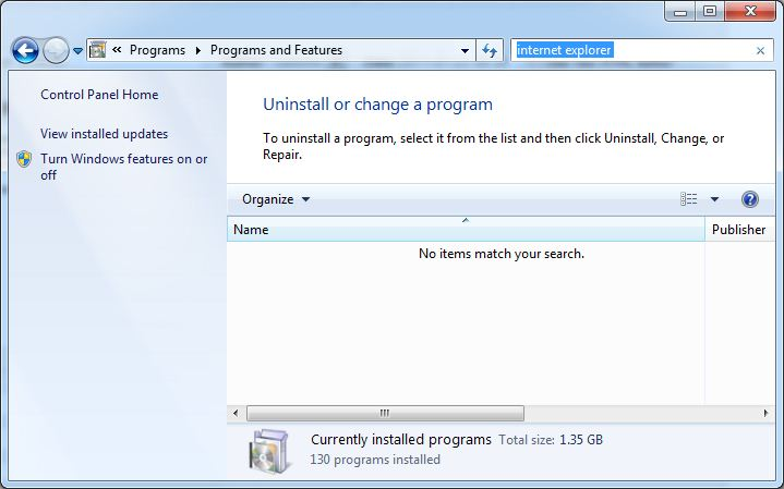 Screenshot of "Uninstall or change a program" with a search for "internet explorer" and no matches.